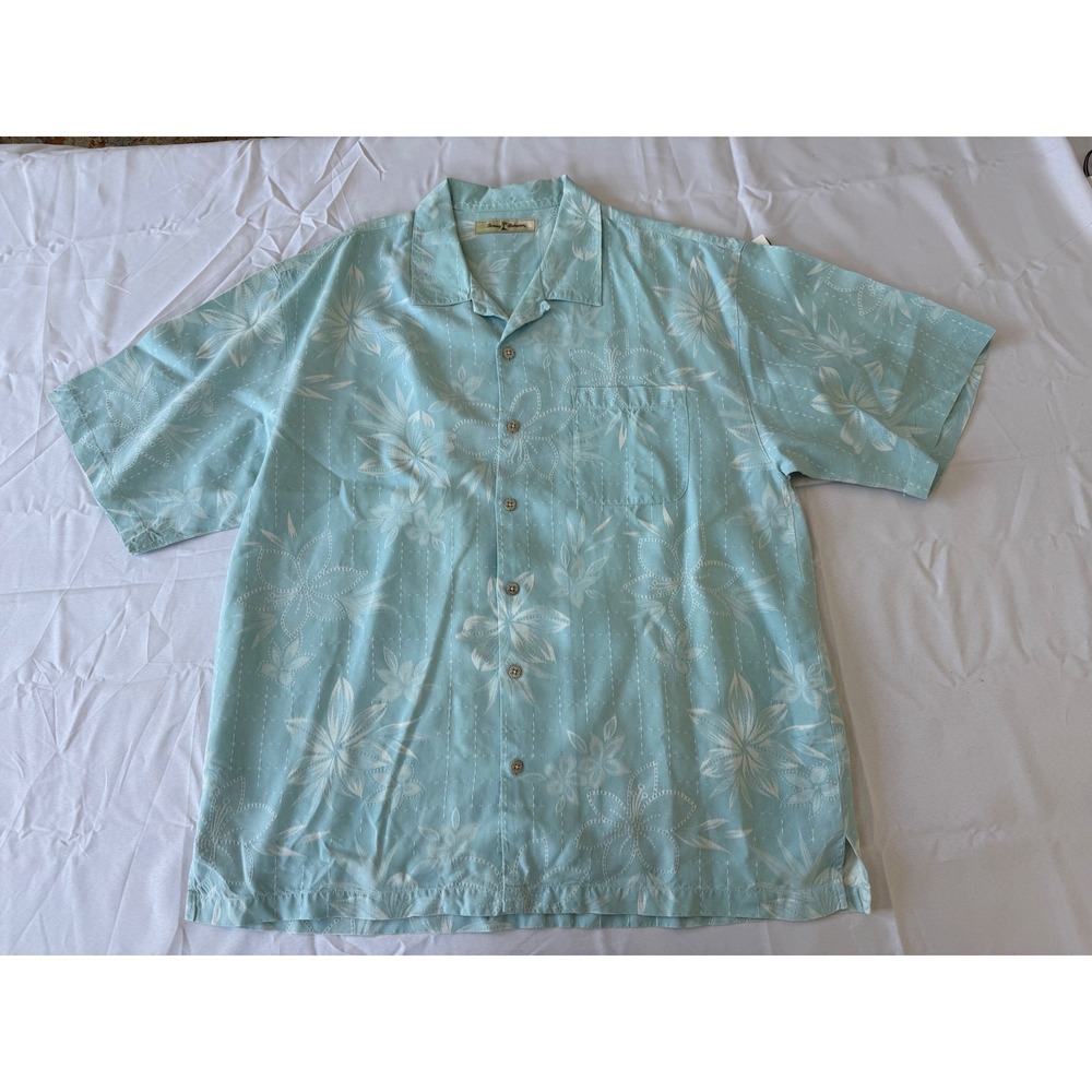 Tommy Bahama Silk Camp Shirt Mens XL Blue Excellent Floral Pick Stitch Button Up